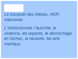 Thèses
Le bouquet des thèses, HDR, mémoires
L’institutionnel, l’autorité, la violence, les experts, le décrochage et l’échec, la réussite, les arts martiaux
